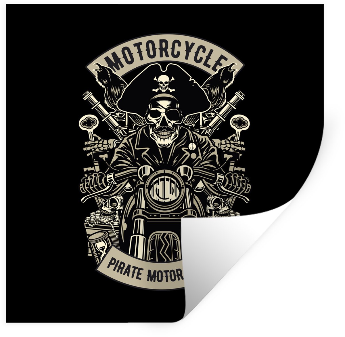 Muurstickers - Sticker Folie - Motor - Skelet - Piraat - Vintage - 80x80 cm - Plakfolie -