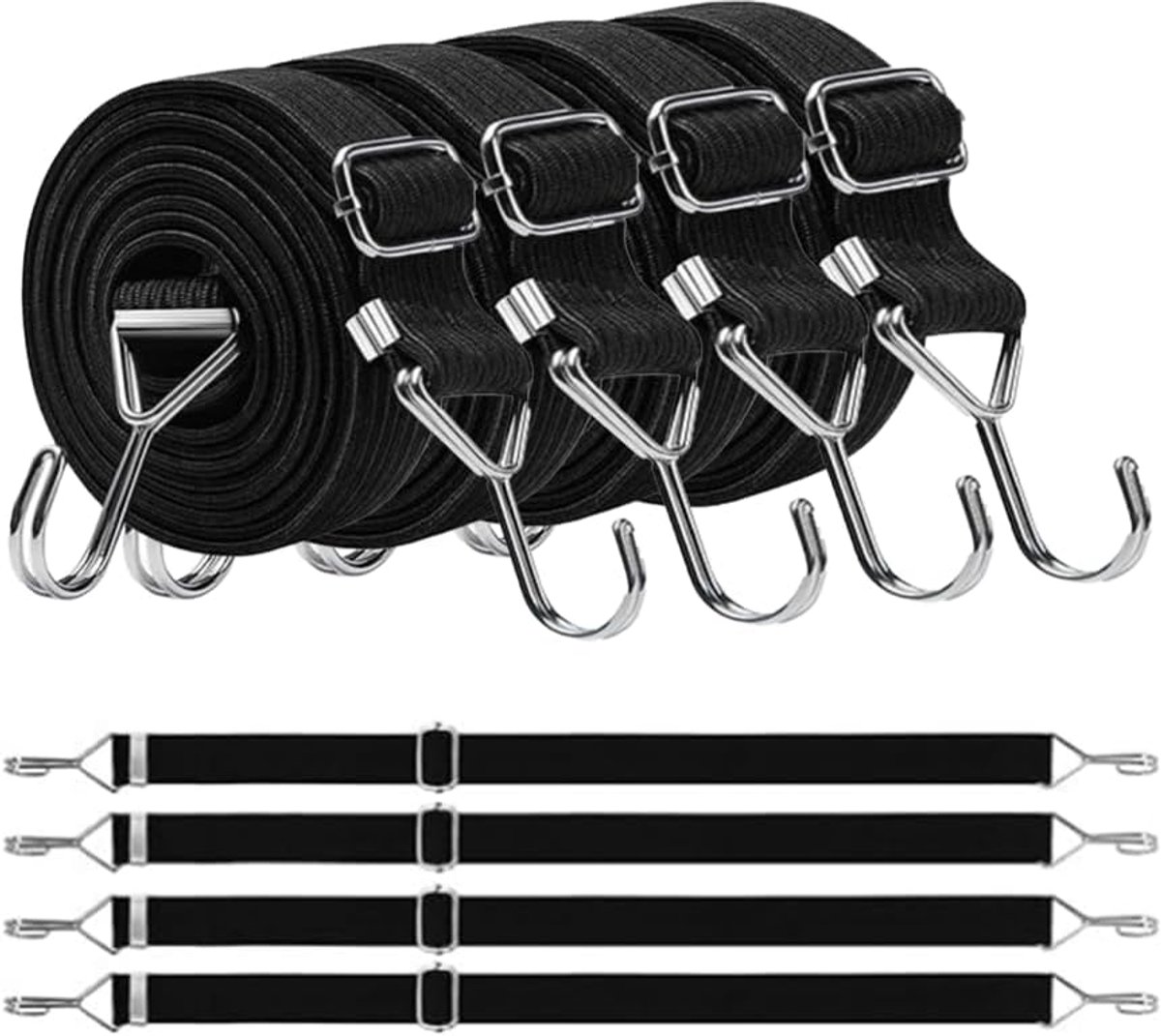 Set van 4 verstelbare rubberen spanners met haken, extra sterk, met metalen haken, 200 cm, plat, zwart, ideaal voor transport, verpakking en vastzetten van lasten