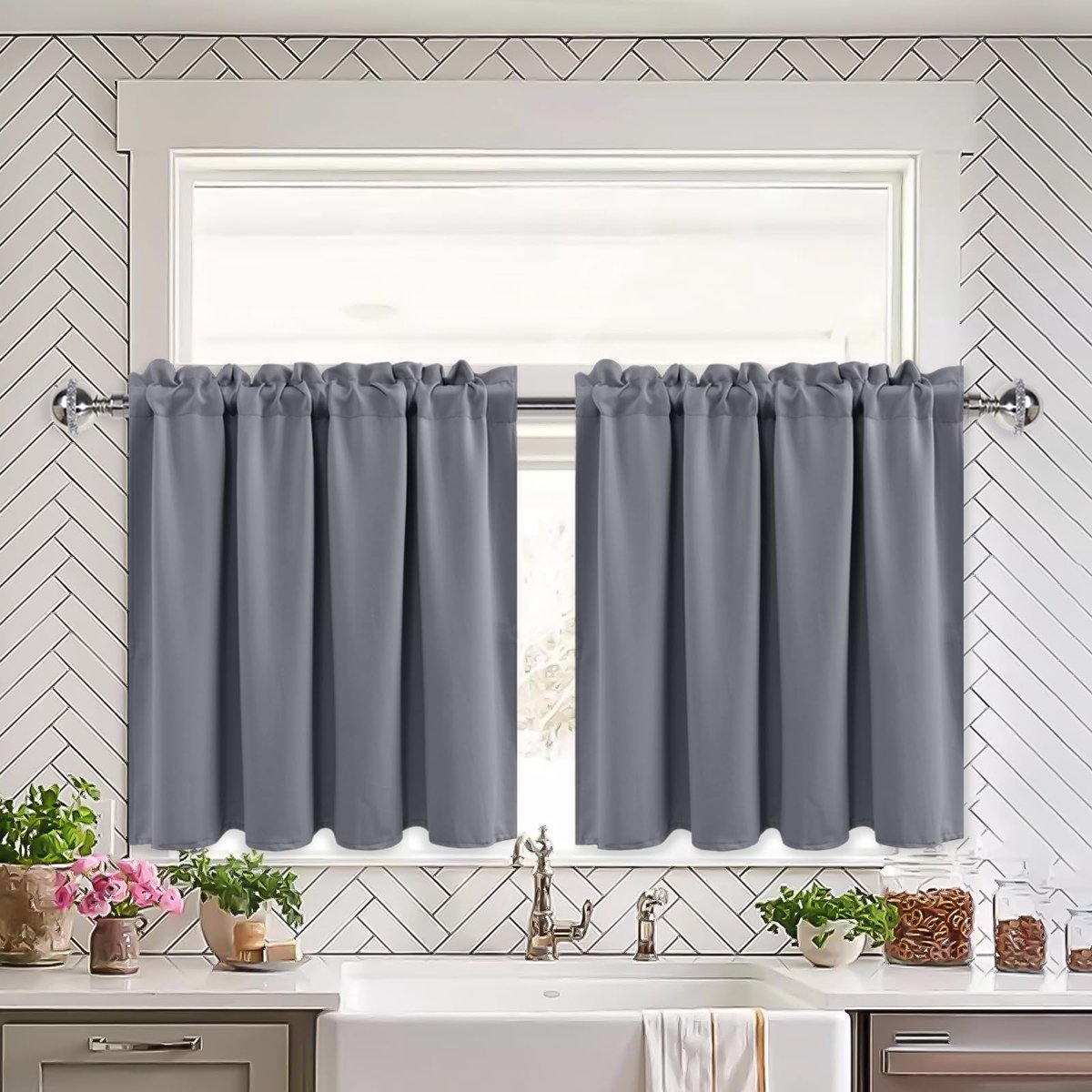 Grijze gordijnen, verduisteringsgordijnen, ondoorzichtig, keukengordijnen, bistrogordijn, korte vitrage voor kleine ramen, caravans, B 66 cm x H 77 cm per paneel, set van 2