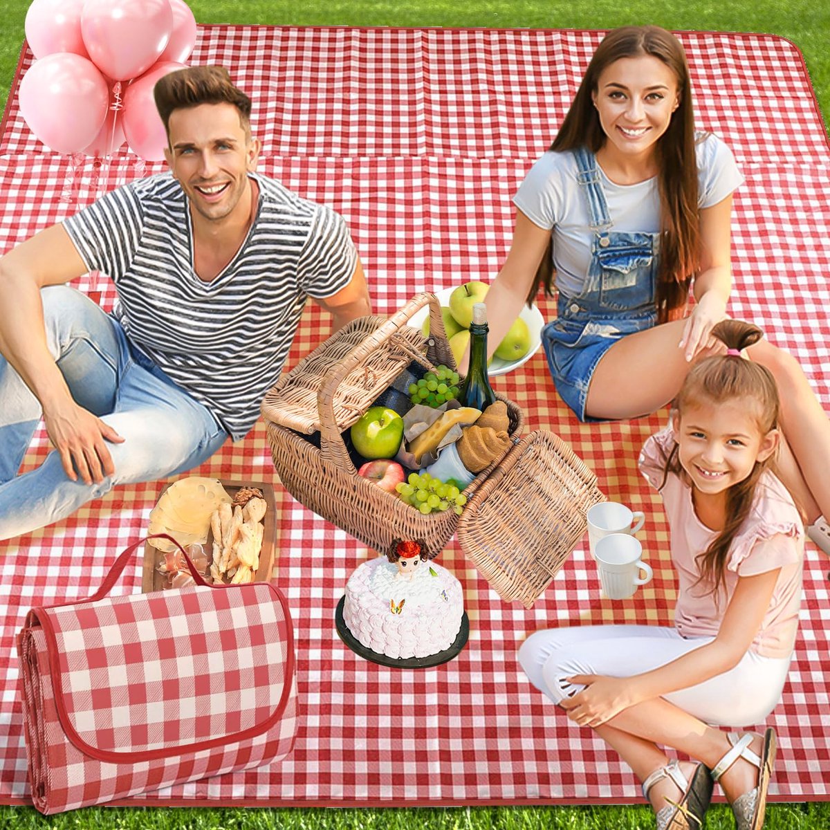 200 x 200 cm, picknicktafelkleed, strandmat, waterdicht, opvouwbaar, picknickmat met handvat, voor tuin, tafelkleed, BBQ, wandelen, reizen, rode strandmat