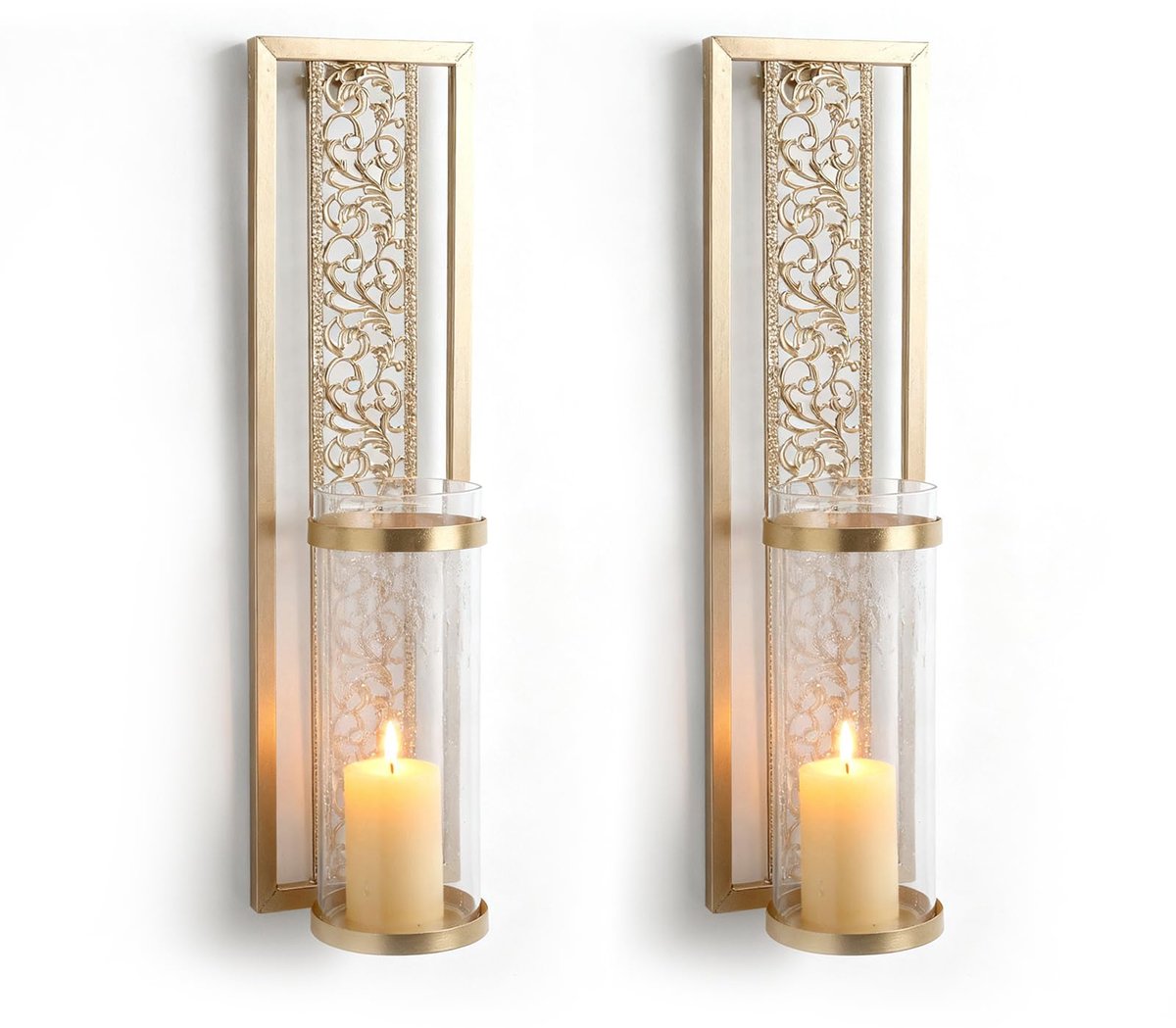 2 Stuks Vintage Uitgeholde Metalen Blaker met Glazen Deksel, Ijzeren Wanddecoratie voor Thuis Slaapkamer Eetkamer (GOLD)