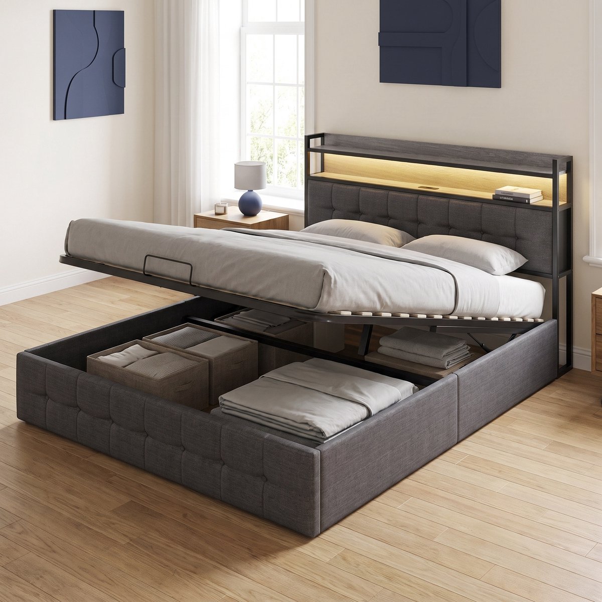 Mofor Gestoffeerd Tweepersoonsbed - Opbergbed 140x200 cm met lattenbodem - met LED en USB hoofdbord - Linnen - Modern - Grijs