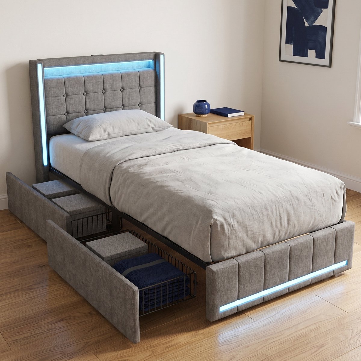 Gestoffeerd Opbergbed 90x200 cm met 2 lades - Eenpersoonsbed met LED en USB - Linnen - Modern - Grijs