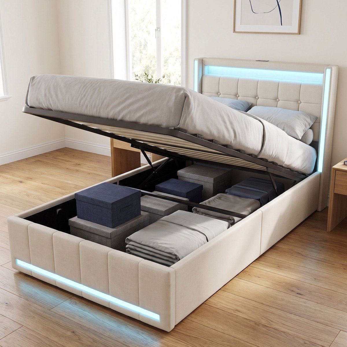 Mofor Gestoffeerd Opbergbed 90x200 cm - Hydraulisch Eenpersoonsbed met LED en USB - Linnen - Modern - Beige