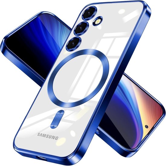 Coque transparente avec contour bleu, aimant circulaire et trois objectifs de caméra, posée sur un téléphone à écran bleu.