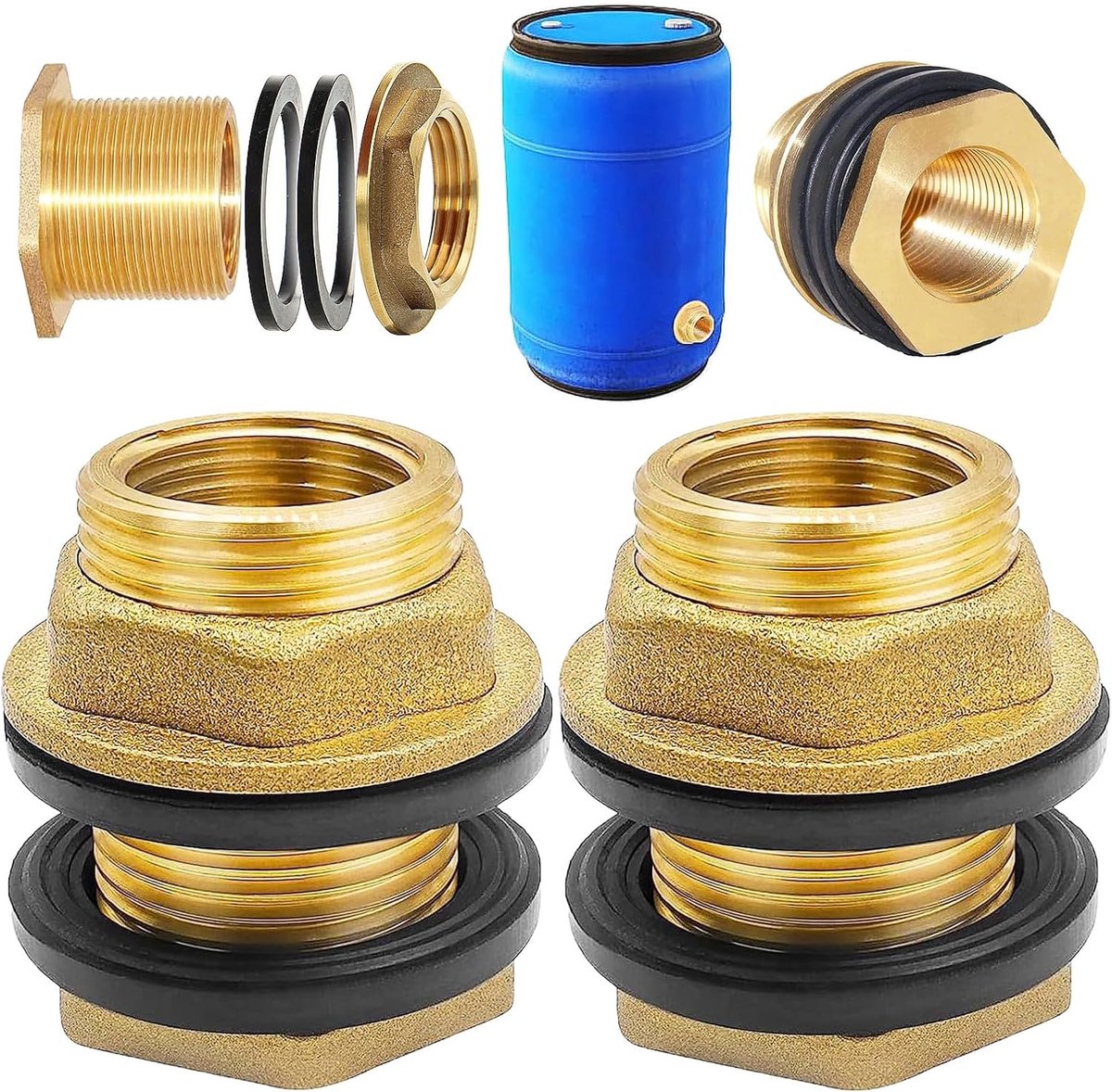 2 Stuks Messing Regenton Aansluiting, Schroefverbinding, Vat Schroefverbinding, Regentondoorvoer, Met 3/4 Inch Buitendraad x 1/2 Inch Binnendraad, Voor Kranen, Emmers en Watertanks(Geel)
