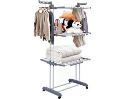 PIPIPOXER- Wasrek Inklapbaar-Droogrek-Staand Droogrek Inklapbaar-Met 3 sokkenclips-Wastoren-Ruimtebesparend Wasrek -75x49x170 CM-Ecologisch Was Drogen- grijs