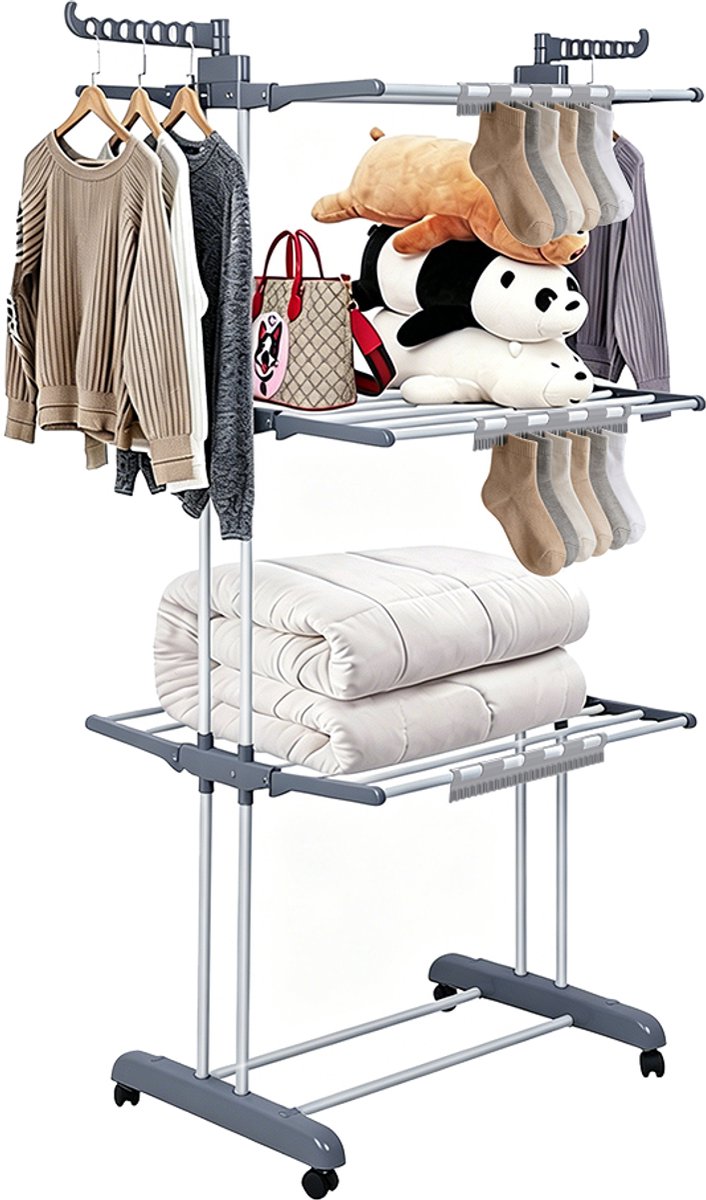 PIPIPOXER- Wasrek Inklapbaar-Droogrek-Staand Droogrek Inklapbaar-Met 3 sokkenclips-Wastoren-Ruimtebesparend Wasrek -75x49x170 CM-Ecologisch Was Drogen- grijs