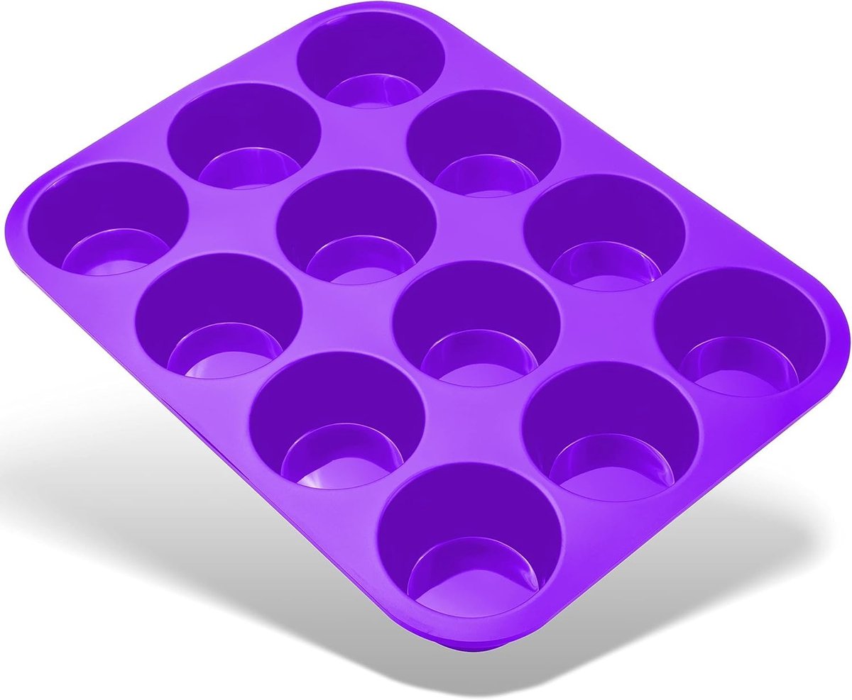 Muffin Bakvorm Silicone, 12 Holtes, Antiaanbaklaag Muffinvorm, Bakvorm voor Muffins, Cupcake, Cakes, Brownies, Pudding, Paars