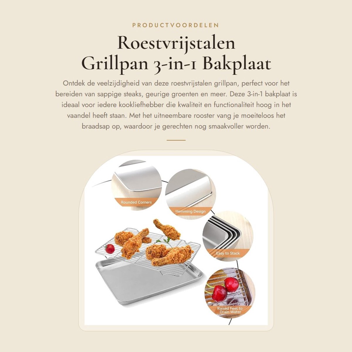Dailygoods- Braadpan Roestvrij Staal 3-in-1 - Grillpan - Grillmand - Ovenschaal met Rooster - Vetpan - Perfect voor Makkelijk Grillen