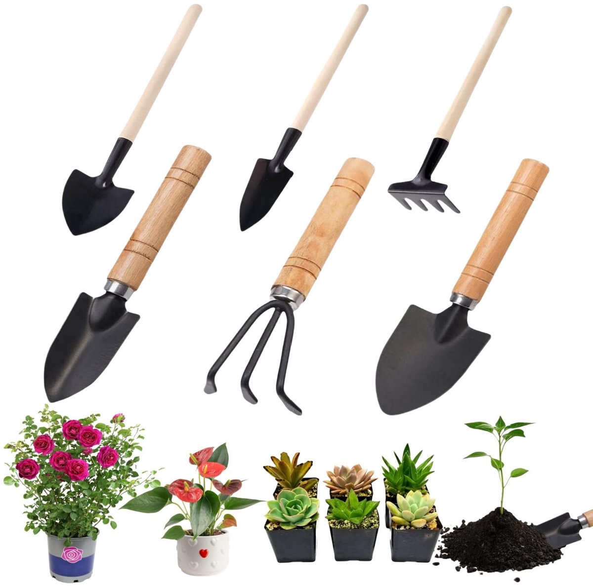 6 stuks mini-tuinschep, houten handvat, geschikt voor bonsai, potbloemen, verplanten en aarde losmaken