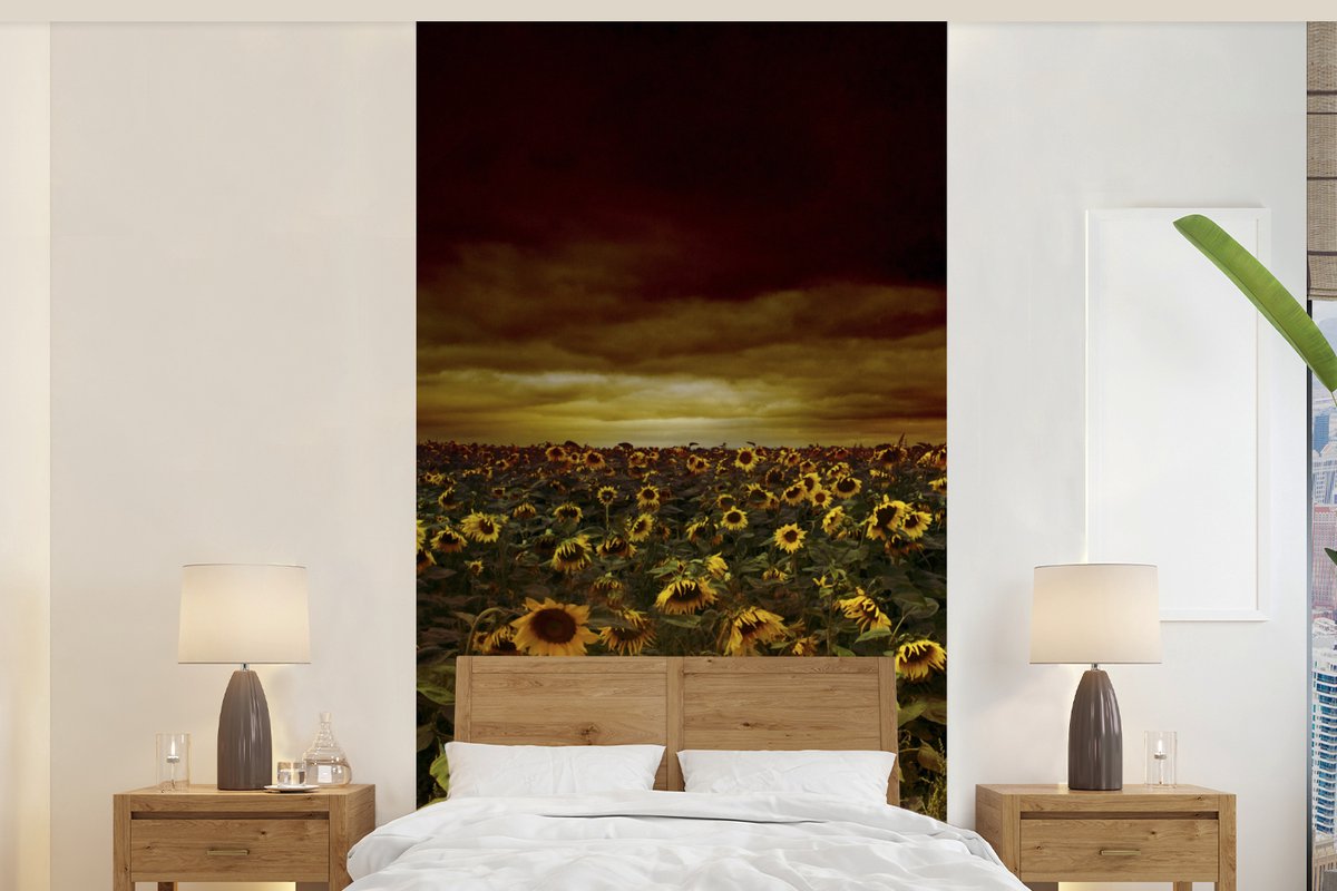 Behang - Fotobehang Zonnebloemen bij donkere wolken - Breedte 120 cm x hoogte 240 cm