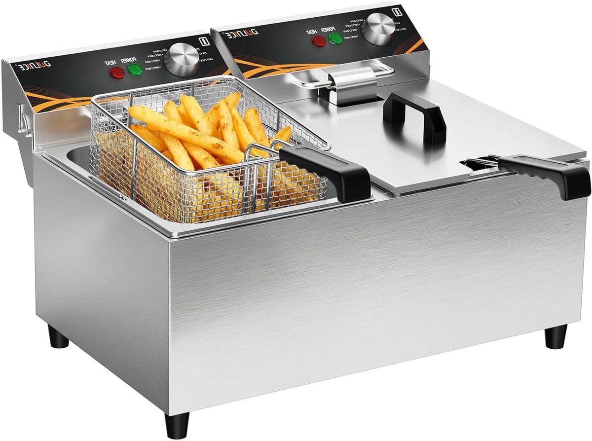 Dubbele Friteuse - Professionele Frituurpan - Commercieel Frituren - 16 Liter Capaciteit - 2x 3000 Watt - Zilverkleurig