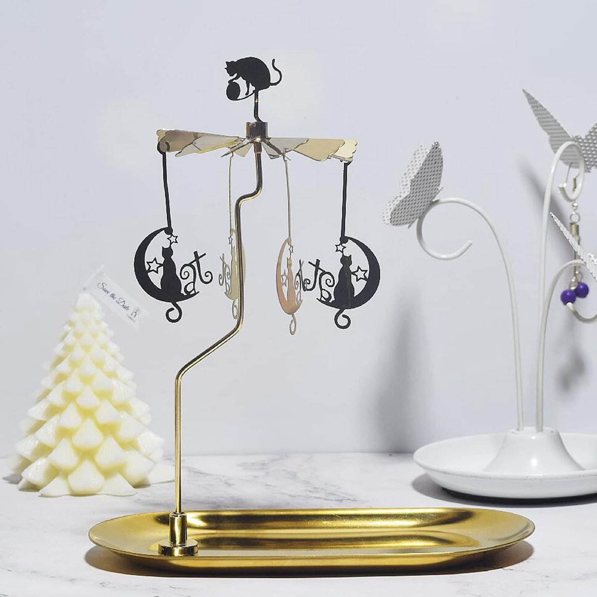 Dailygoods- Kaarsenhouder Gouden Maan Kat - Roterende Carrouselkaarsenhouder - Draaibare Theelichthouder - Dienblad - Tafeldecoratie - Voor Feest en Bruiloft - Kandelaar