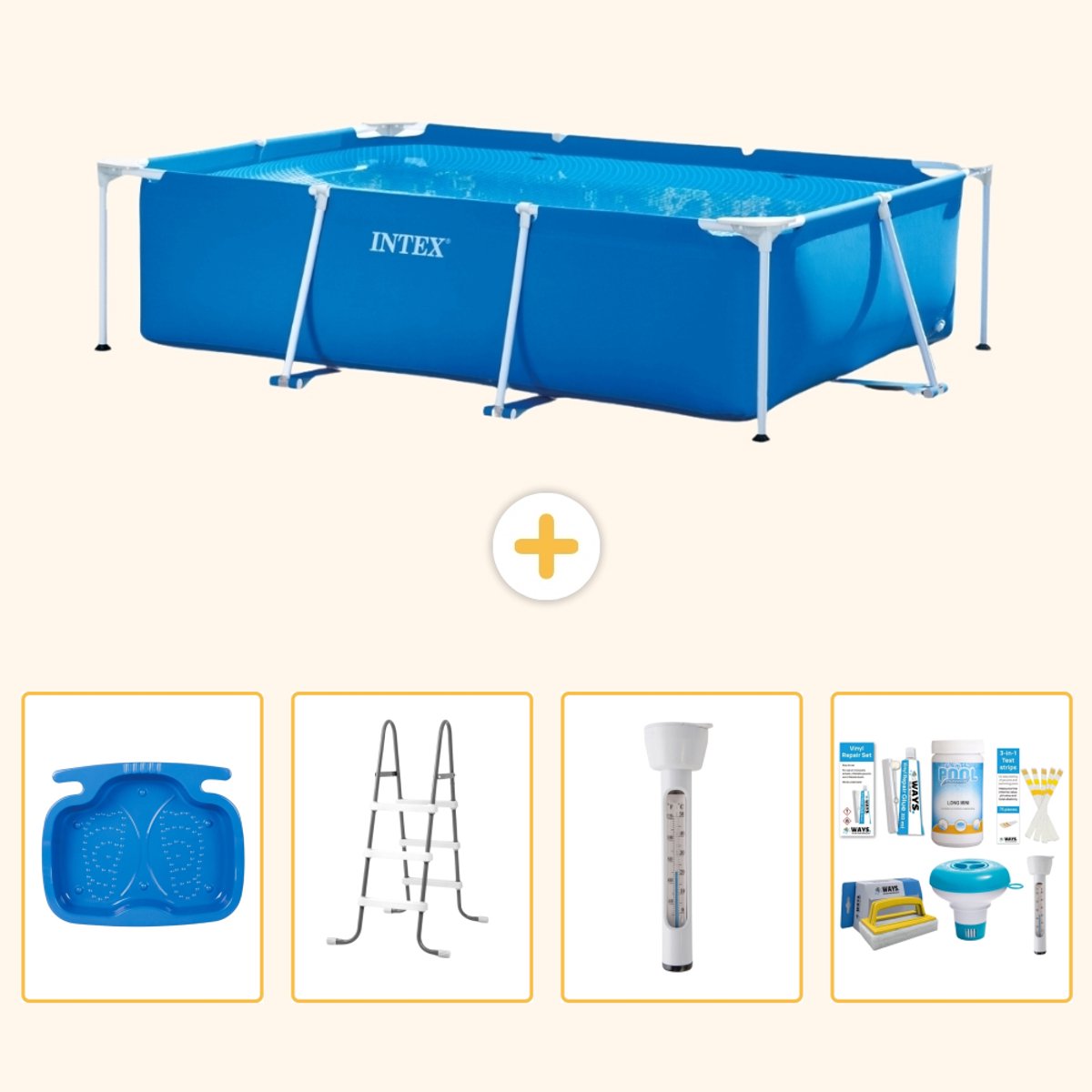 Intex Rechthoekig Frame Zwembad - 260 x 160 x 65 cm - Blauw - Inclusief Voetenbad - Ladder - Thermometer - Onderhoudspakket - 5-delig