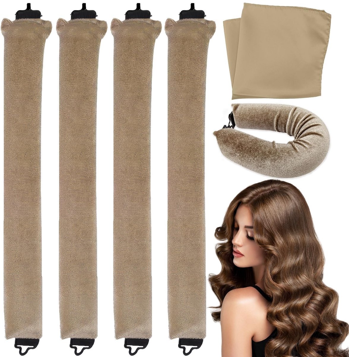 Dailygoods - Heatless Curlers - Haarrollers zonder Hitte - Perfecte Krullen - Kaki - Krulspelden - Geschikt voor Lang Haar - 4 stuks
