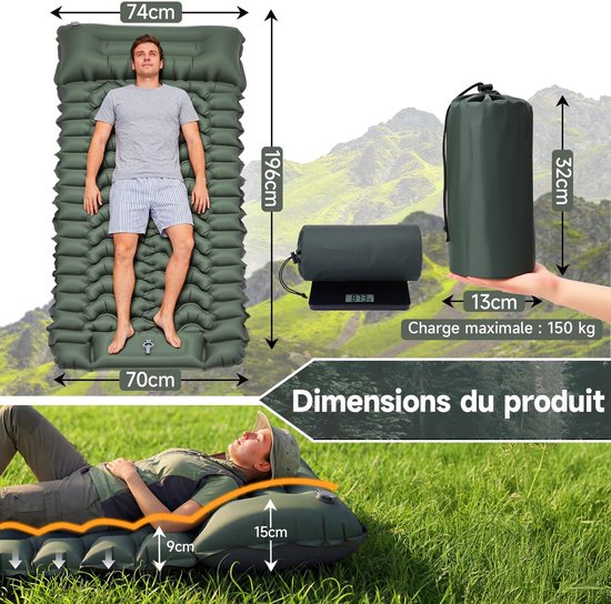 Solidchoice- Luchtmatras Ultralicht - Campingluchtmatras - Opblaasbaar - Geïntegreerd Kussen - 196 x 74 x 9 cm - Duurzaam 40D TPU - Slaapmat van Solidchoice — afbeelding 4