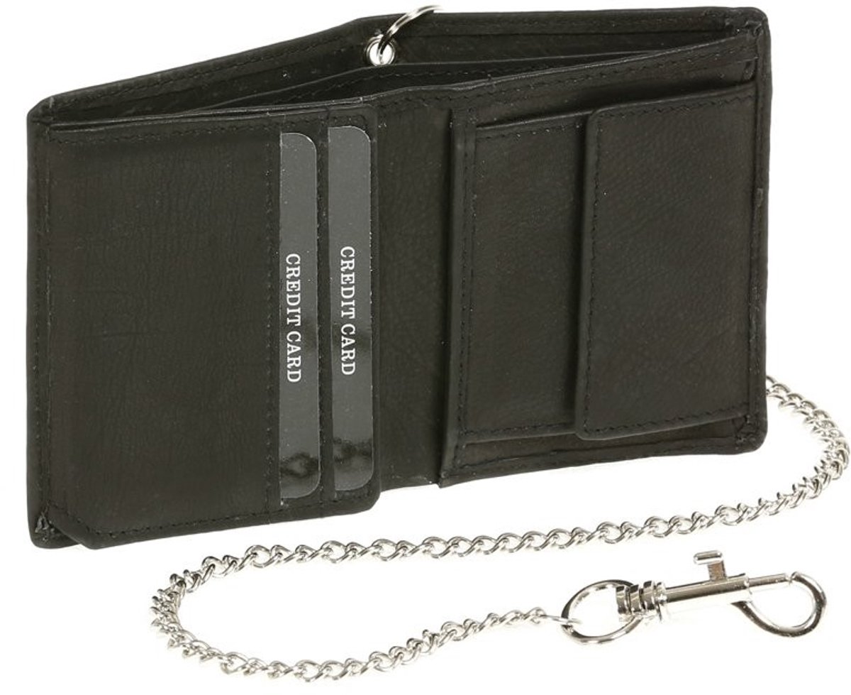 Dailygoods- Bikerportemonnee met RFID-bescherming - Echt Leer - Klep in Staand Formaat - Chromen Ketting - 10x8cm - Duurzaam - Portemonnee