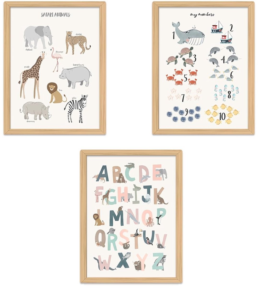 Dailygoods - Zamety 3-delige set afbeeldingen kinderkamer, A4 poster kinderkamer, zeildoek afbeeldingen babykamer, ABC poster voor kinderen, alfabet cijfers dieren leerposter voor kleuterschool, zonder fotolijst