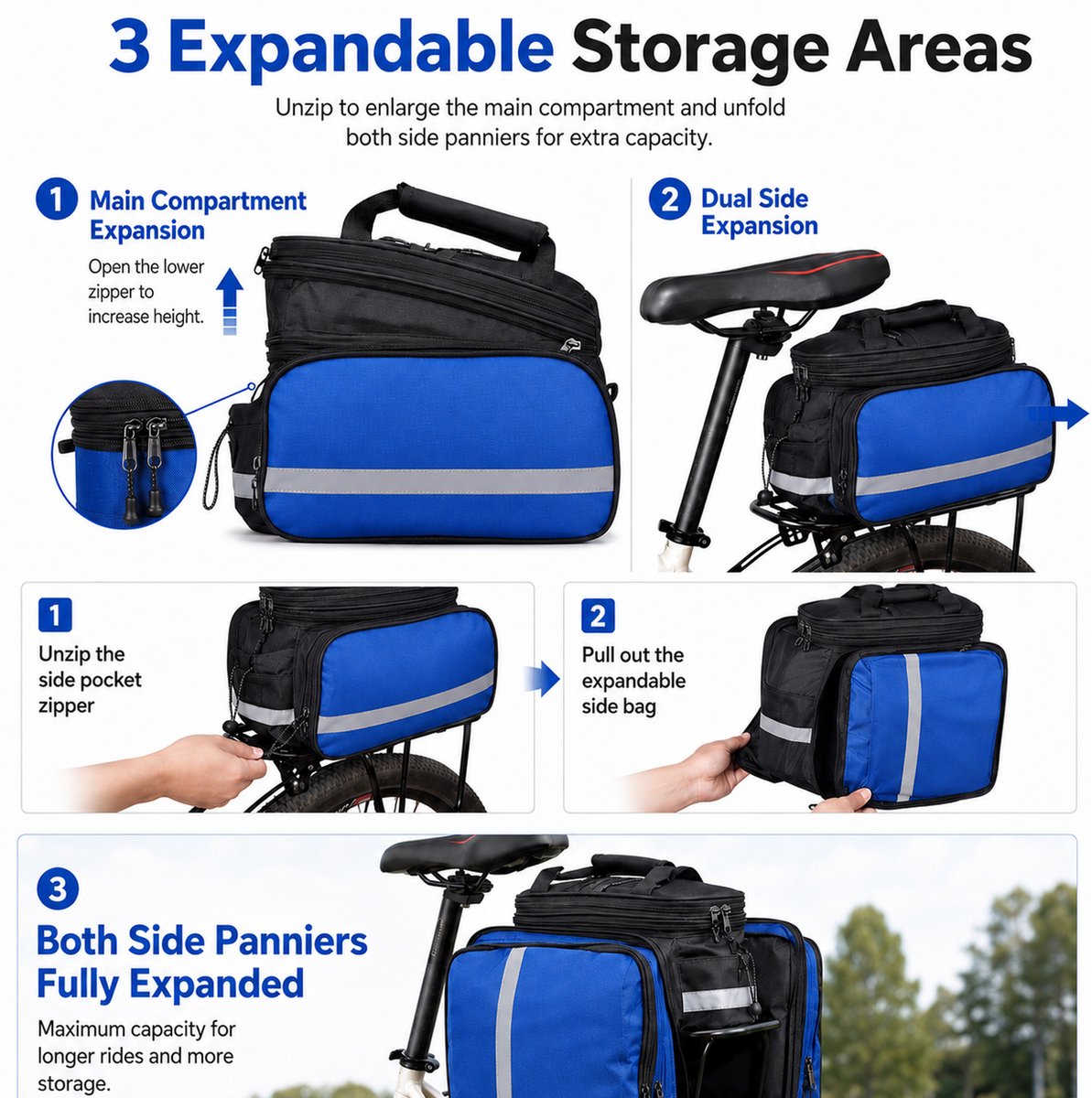 Waterdichte Fietstas Achterop Fiets – 27L Uitbreidbare Bagagedragertas – Touring Fietstas voor Lange Afstand – Met Regenhoes en Reflecterende Details – Blauw – 1 Stuk — cadeau in Sport & Outdoor - foto 6