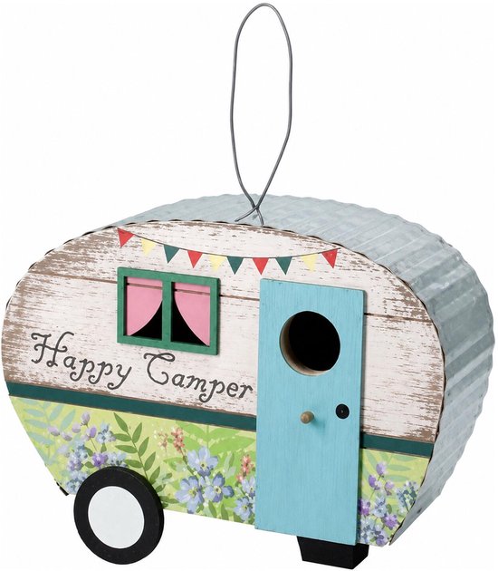 Pro Garden Vogelhuisje Caravan - kleurenmix - hout - beige/blauw - 24 x 17 cm- nestkastje - vogels paradise in zomerse kleuren