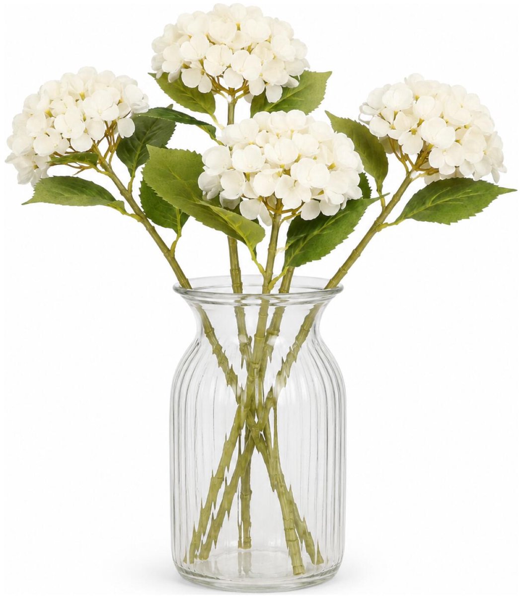 Bellatio Design Kunstbloem Hortensia tak - 4x - creme wit - 48 cm - losse steel - Kunst zijdebloemen - hydrangea