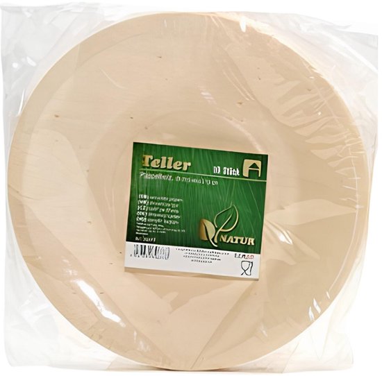 Verpakking met ronde beige bordjes, gemaakt van geperst houtkarton.