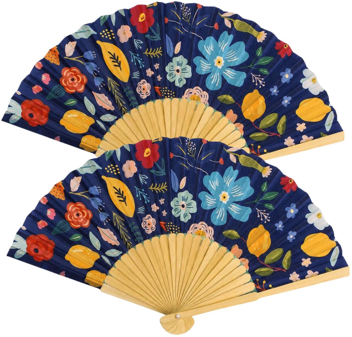 Spaanse hand waaier - 2x - bloemen - blauw - 21 cm - bamboe/papier