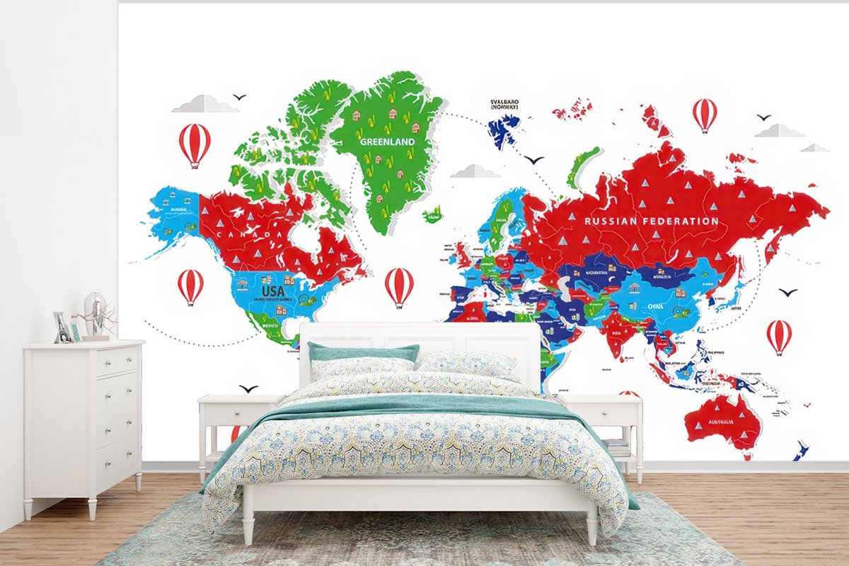 Behang - Fotobehang Wereldkaart - Kleuren - Luchtballon - Breedte 375 cm x hoogte 280 cm