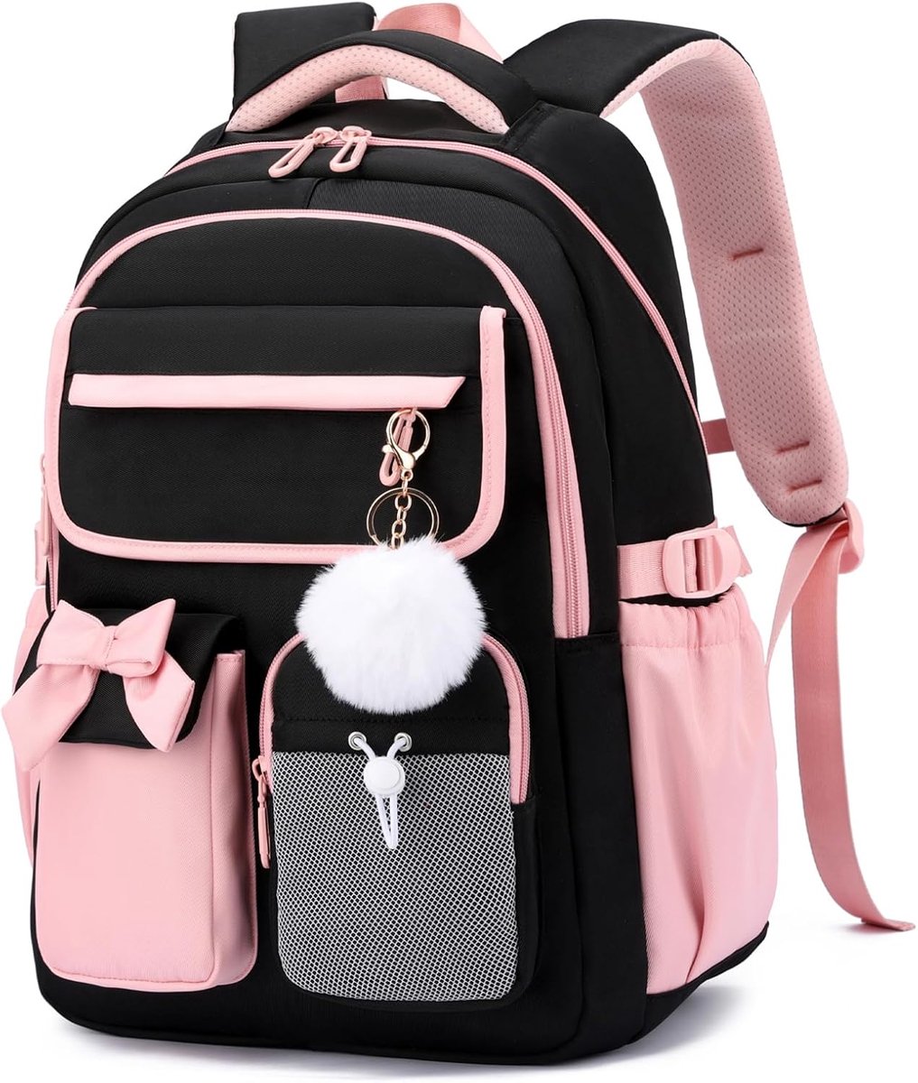 Schattige Roze Strik Meisjes Rugzak met Pluizige Pom Pom Sierhanger - Lichtgewicht Waterafstotende Nylon Schoolrugzak voor Tiener Meisjes - Grote Inhoud Meervaks Studententas voor Middelbare School
