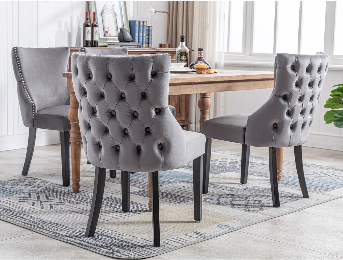 DESMIU Eetkamerstoel - Grijs - Samt Met Knopen en Massief Houten Onderstel - Voor Eetkamer En Woonkamer - Velvet - Set van 2