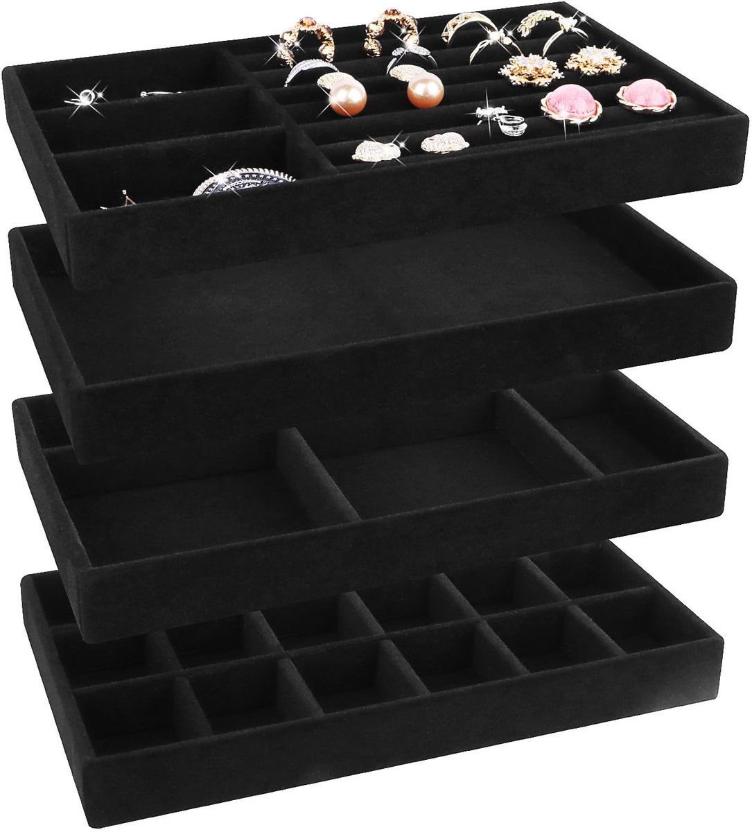 Dailygoods - Sieradenopbergdoos Schublade, 4 stuks sieradendoosjes, sieraden organizer, sieraden organizers, lade-inzet voor sieraden, opbergsysteem, voor sieraden, oorbellen, armband, ringen (Zwart)