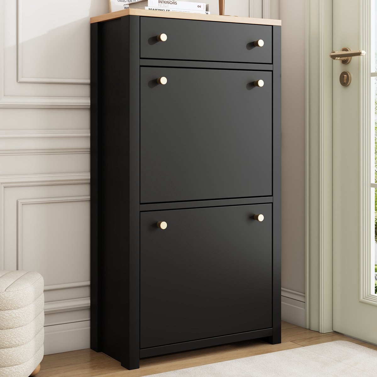 STILVORA Schoenenkast - Smal Met 1 Lade En 2 Kleppen - Voor Hal En Entree - MDF In Zwart Met Houtlook - 50x24x95 Cm
