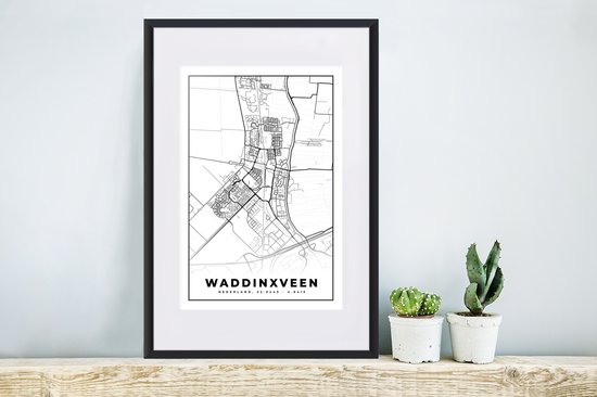 Cadre photo avec affiche - Carte - Waddinxveen - Zwart - Wit - 40x60 cm - Cadre pour affiche