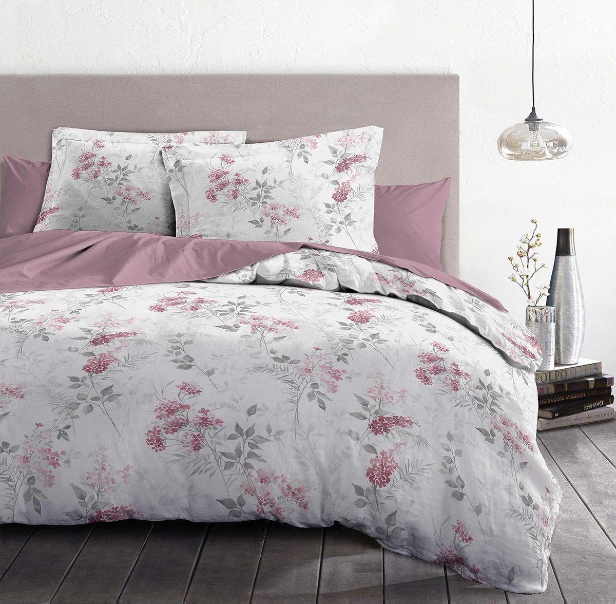 Linge Passion | Dekbedovertrek, 2-delig, 100% katoen, 57 draden, 1 persoon, 140 x 200 cm, pompadour roze, gebroken wit en roze