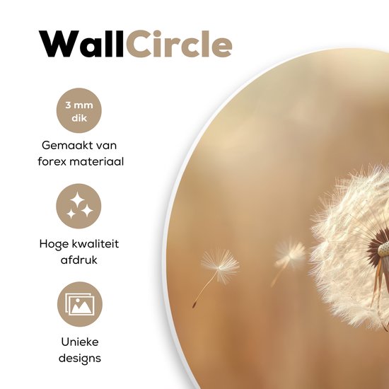 Close-up van een paardenbloem. Rechts staat 'WallCircle', '3 mm dik', 'Gemaakt van forex materiaal', 'Hoge kwaliteit afdruk', 'Unieke designs'.