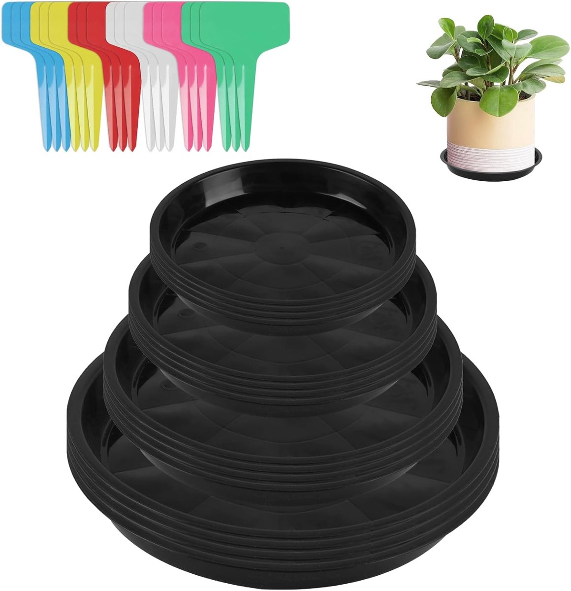 16 STK Onderzetters Bloempotonderzetters Planten Onderzetters, Plantenonderzetters Rond, Plastic Bloem Onderzetters, Bloemonderzetters Rond 12/16/18/22 cm, voor Binnen Buiten, met 24 Etiketten