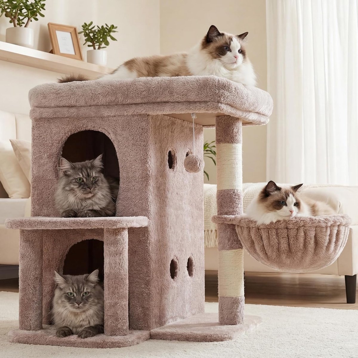 HCT204SMU Krabpaal, 65 cm hoge kattenboom met extra groot platform, gelaagd kattenmeubel met tweepersoonshuis, inclusief sisal-krabzuil, kattenmand en speelgoed voor katten, bruin-beige thumbnail 2