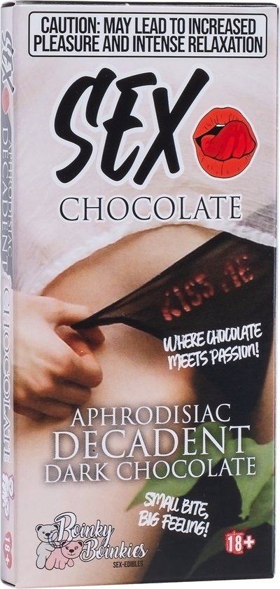 Verpakking Sex Chocolate met afbeelding van een stukje stof met de tekst 'KISS ME'. Aphrodisiac Decadent Dark Chocolate.