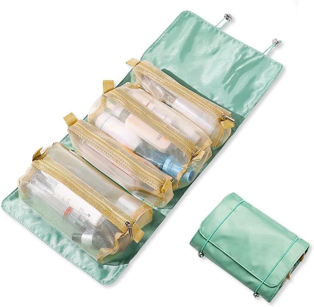 KZQ Hangende Toilettas - 4-in-1 Make-up Reistas met Afneembaar Netvakje - Grote Capaciteit, Waterdicht, Opvouwbaar - Geschikt voor Vrouwen, Reizen en Dagelijks Gebruik - Groen