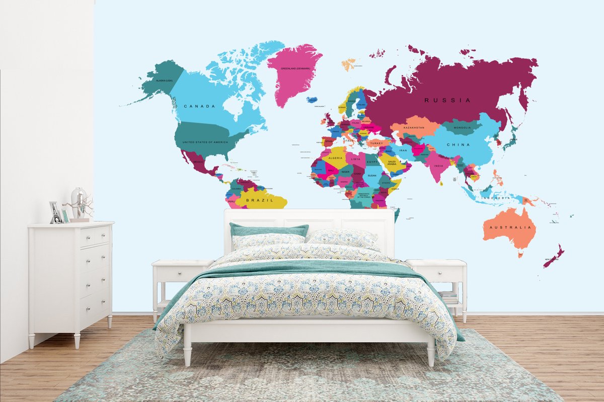 Behang - Fotobehang Wereldkaart - Trendy - Kleurrijk - Breedte 400 cm x hoogte 240 cm