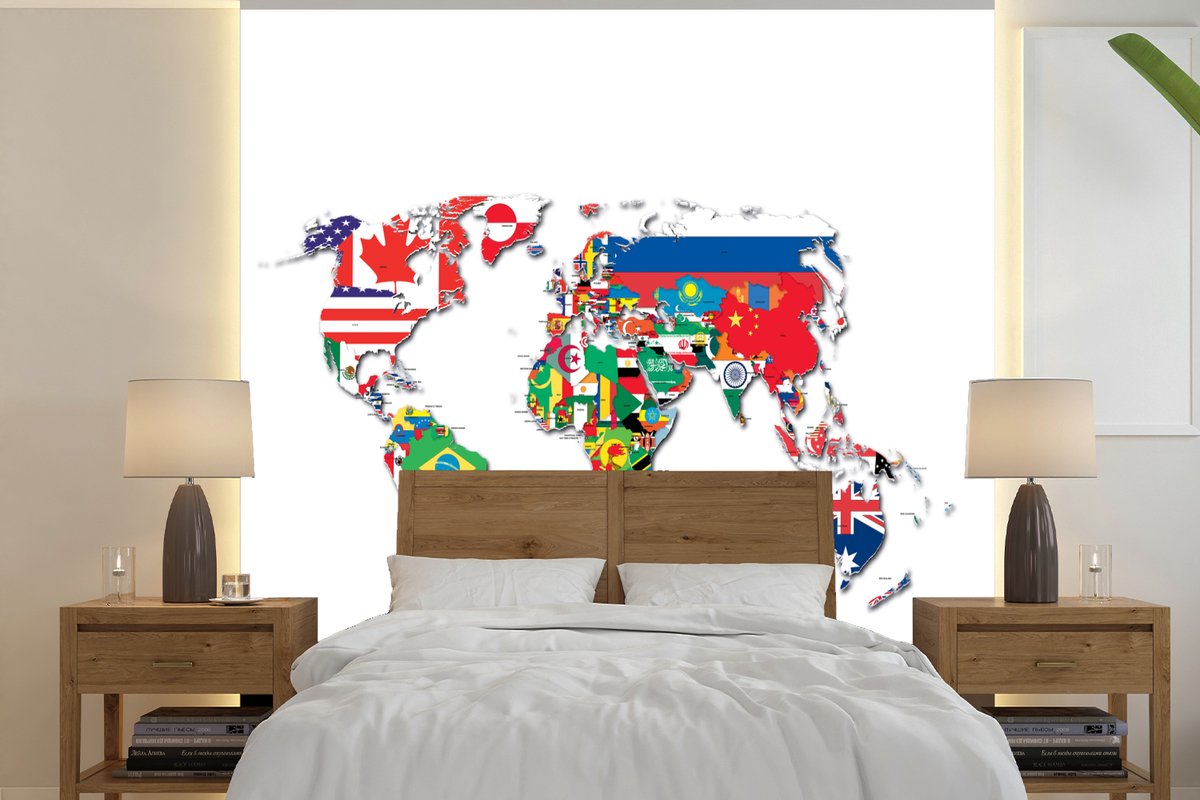 Behang - Fotobehang Wereldkaart - Vlaggen - Trendy - Breedte 280 cm x hoogte 280 cm