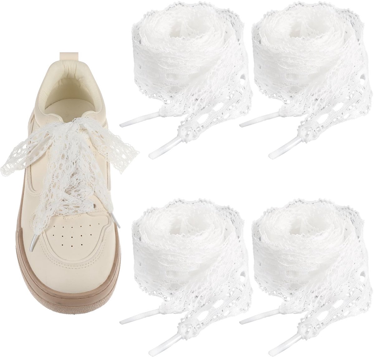 Dailygoods - 2 Paar Witte Kanten Veters - Elegante Platte Veters voor Dames