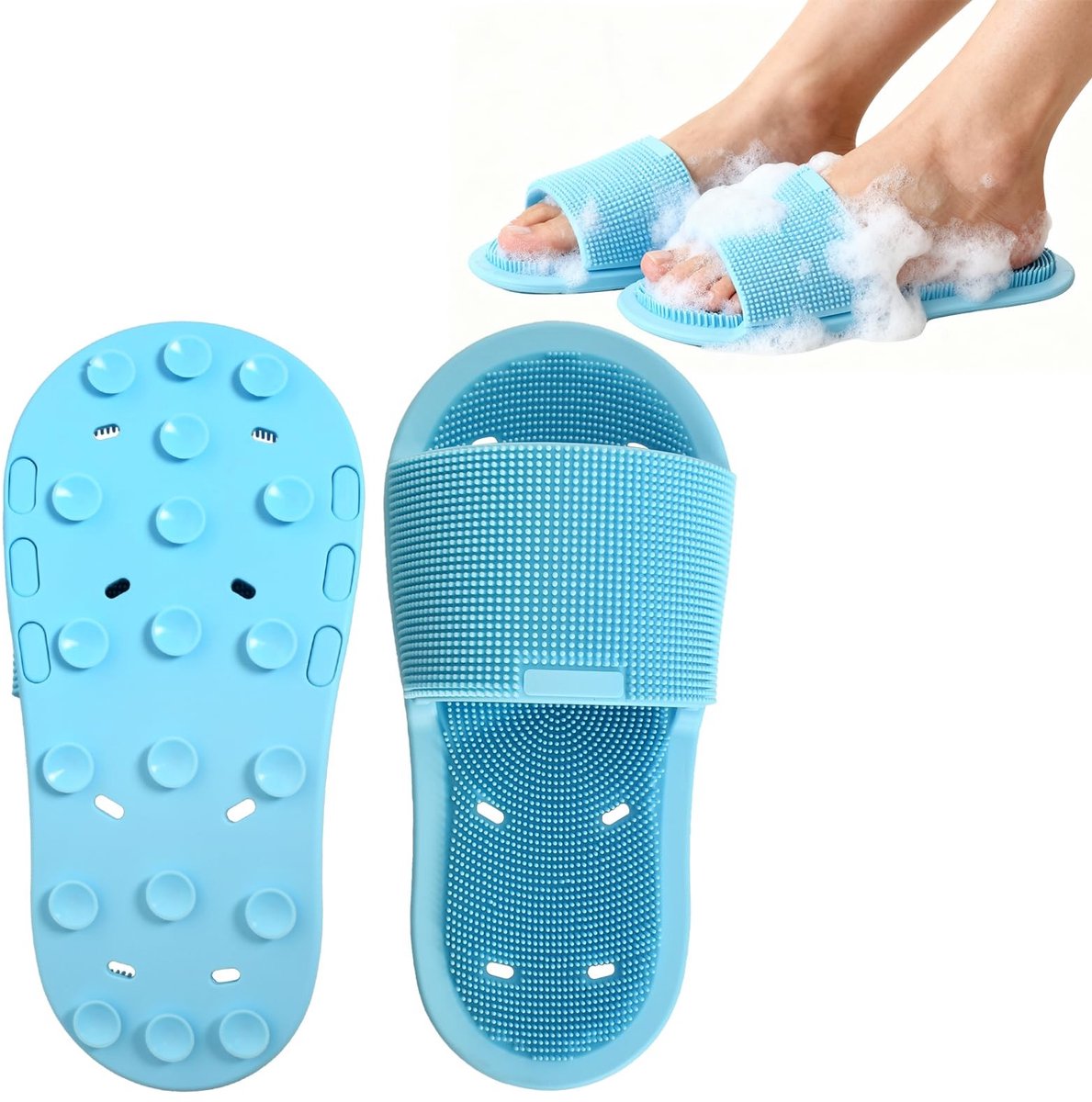 Dailygoods - Siliconen voetborstel voor de douche, voetreiniger en massageapparaat met zachte borstels, antislip zuignappen, peeling van dode huid, uniseks, 2 stuks, blauw