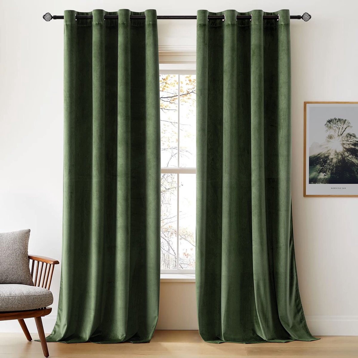 Verduisteringsgordijnen voor woonkamer en slaapkamer, fluweel, isolerend, warmte-/kouwerend, rekbaar, met ringen, set van 2, 140x245cm, olijfgroen
