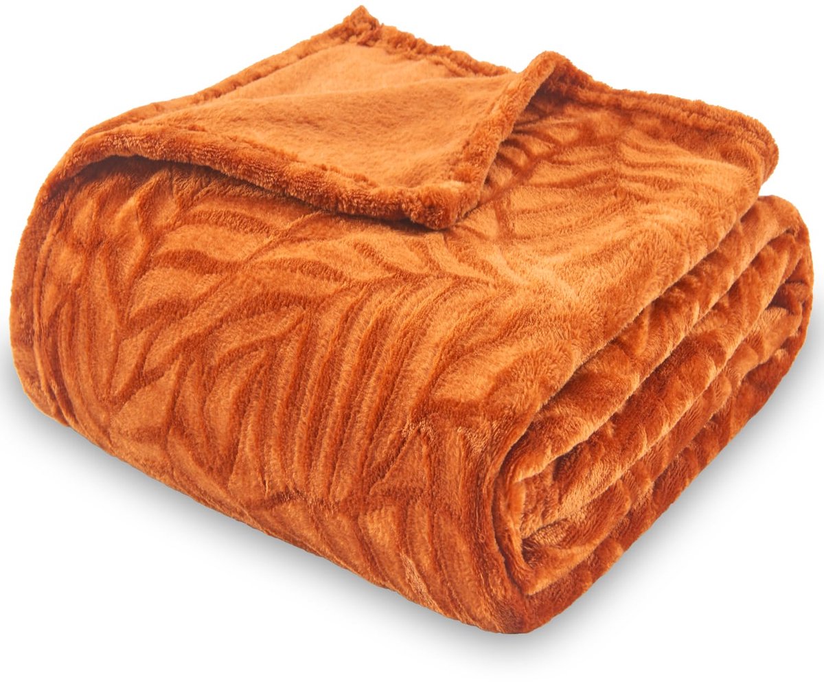 Flanel fleecedeken, super zacht, licht, comfortabel en warm, bladerpatroon, gestructureerde pluche deken, 152 x 203 cm, oranje