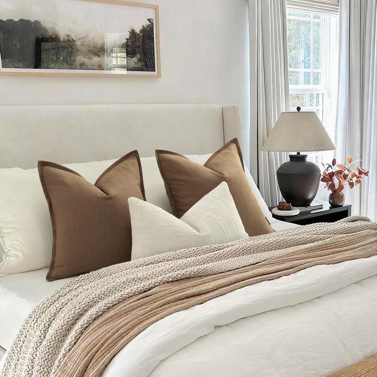 Kussenhoes 40x40 Set van 2 Zachte en Comfortabele Natuurlijk Linnen Kussenhoezen Effen Bankkussens Moderne Kussenovertrekken met Rand Decoratiekussens voor Bank Bed en Woonkamer Cacaobruin