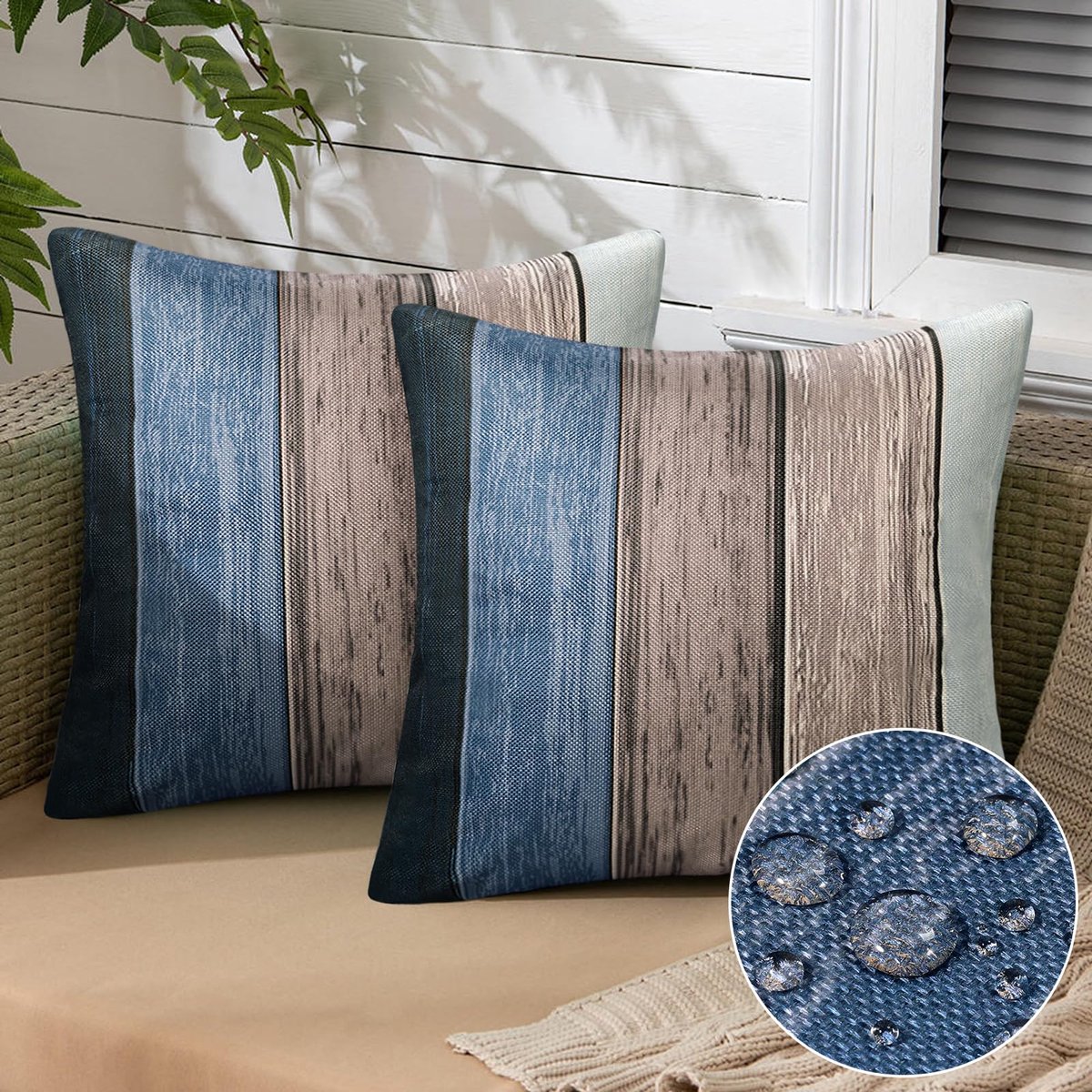 Kussensloop 40 x 40 cm, blauw, set van 2 waterdichte outdoor kussenhoezen, strepen, ombre blauw, grijs, oceaantinten, houtstructuur, linnenlook, kussenhoes voor patio, tuin, boerderij, voor binnen en