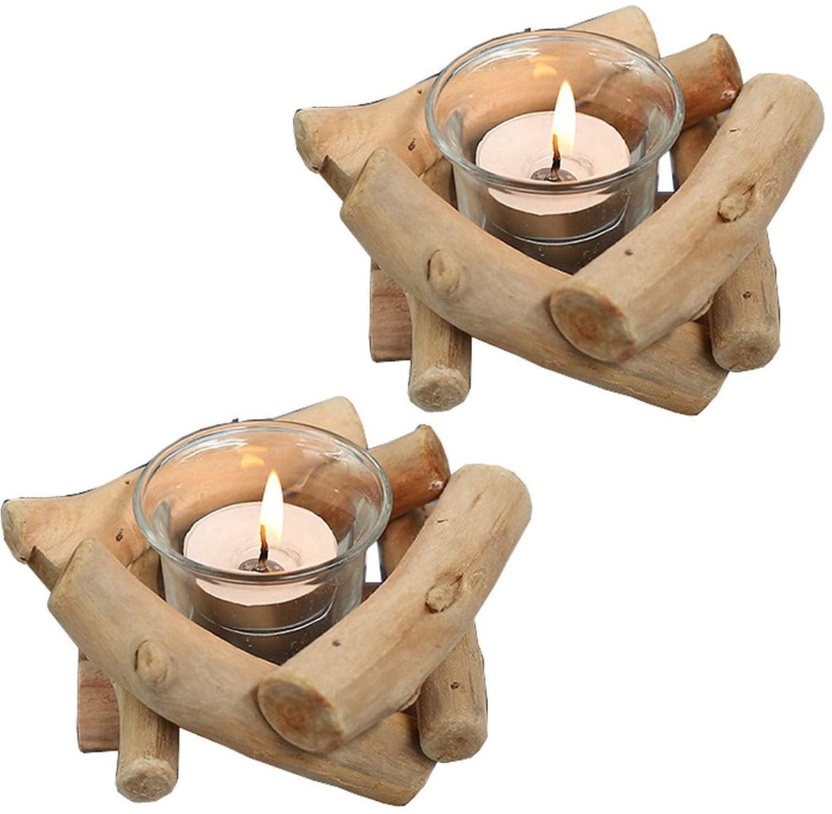 Rustieke Houten Theelichthouder Set van 2 met Glazen Cup Driftwood Votive Theelichthouder voor Boerderij Bruiloft Centrepieces Woonkamer Salontafel Woondecoraties
