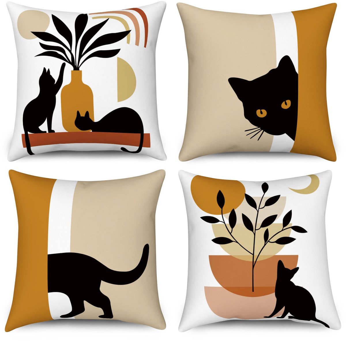 Set van 4 decoratieve kussenslopen, boho, 45 x 45 cm, abstracte zwarte kat, plant, zon, maan, moderne minimalistische kunst, esthetisch linnen, kussenhoes voor bank, outdoor, woondecoratie
